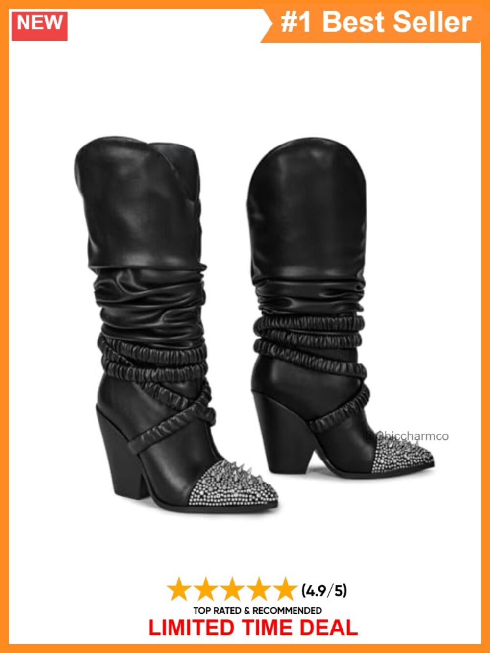 Studded Pointed Toe Western Knee High Boots Chunky Heel Slip On Faux Leather